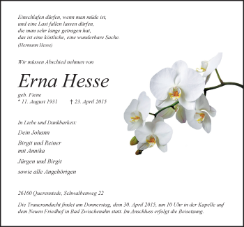 Traueranzeige von Erna Hesse von Nordwest-Zeitung