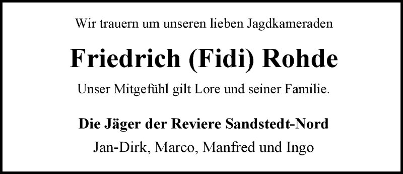  Traueranzeige für Friedrich Rohde vom 20.05.2015 aus Nordwest-Zeitung