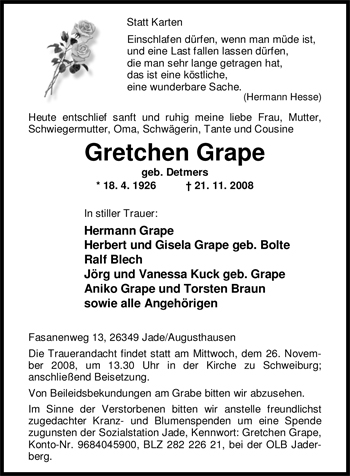 Traueranzeige von Gretchen Grape von Nordwest-Zeitung