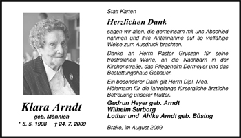 Traueranzeige von Klara Arndt von Nordwest-Zeitung