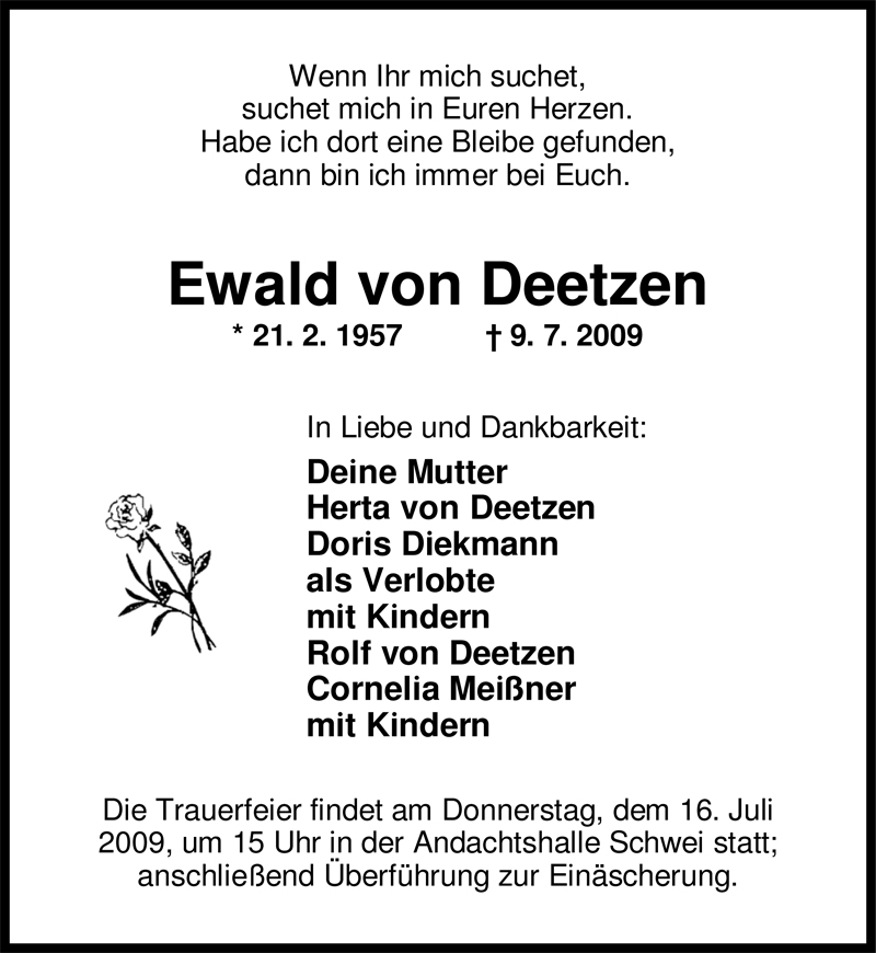  Traueranzeige für Ewald von Deetzen vom 15.07.2009 aus Nordwest-Zeitung