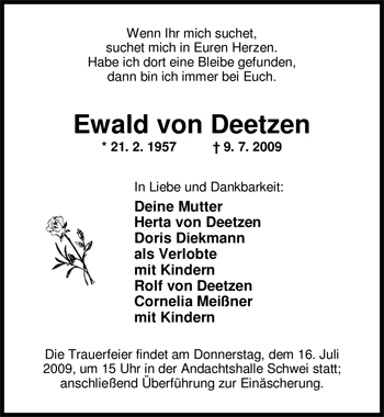 Traueranzeige von Ewald von Deetzen von Nordwest-Zeitung