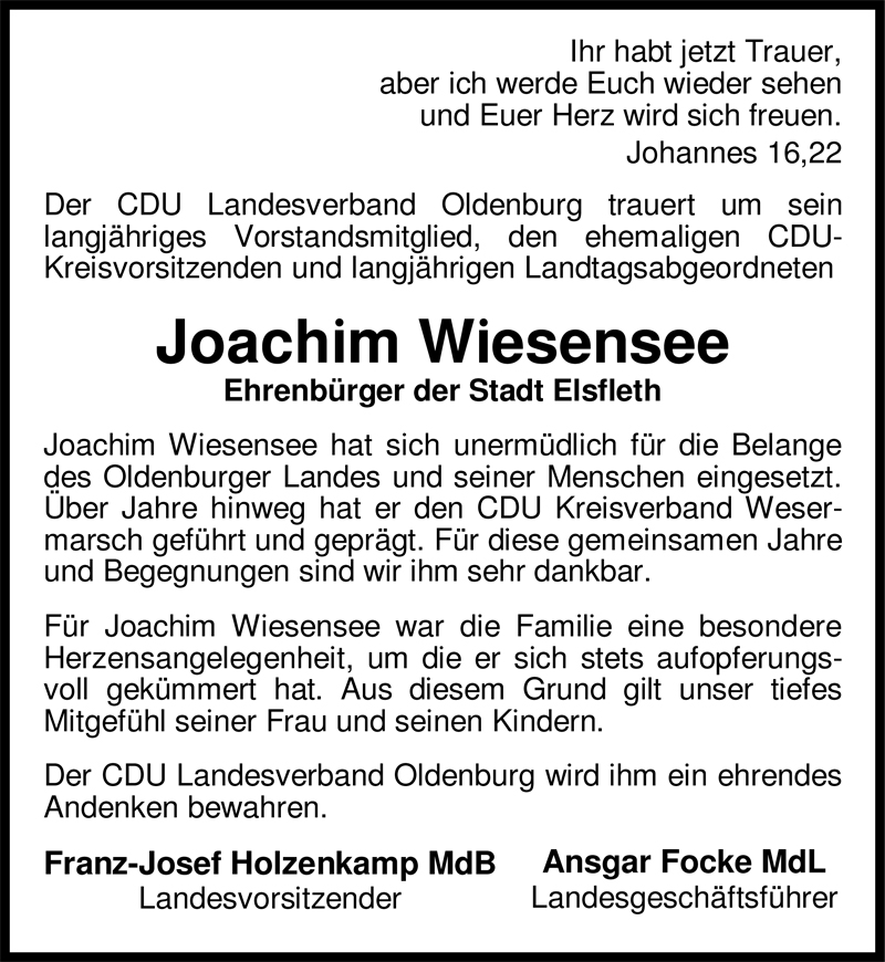  Traueranzeige für Joachim Wiesensee vom 29.08.2009 aus Nordwest-Zeitung