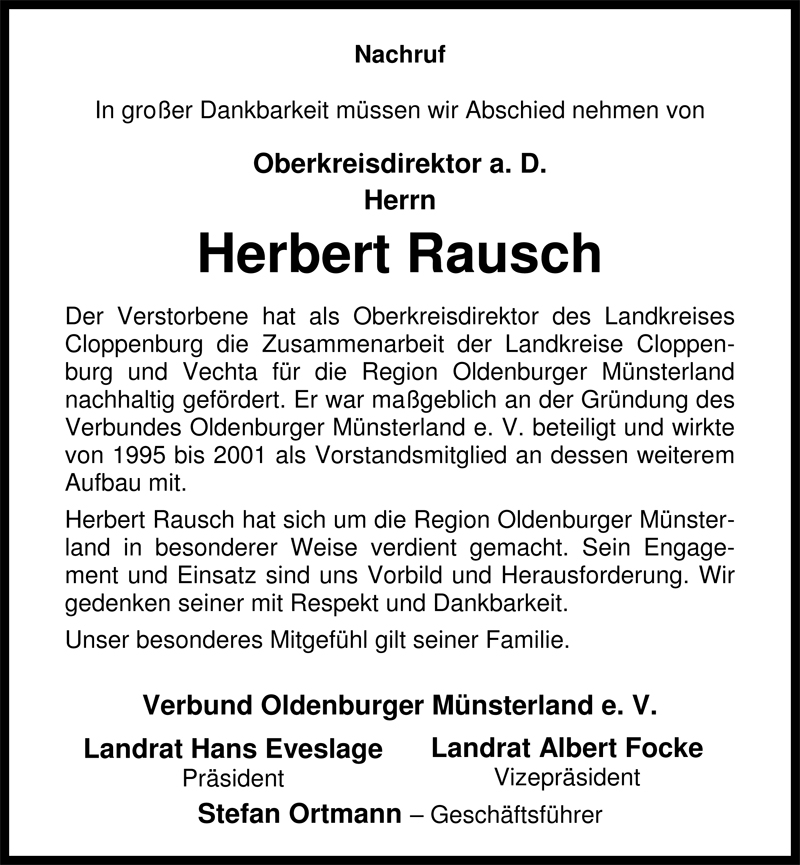  Traueranzeige für Herbert Rausch vom 29.06.2009 aus Nordwest-Zeitung