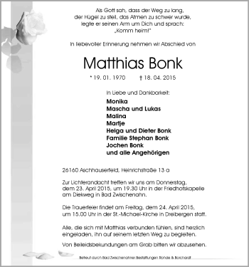 Traueranzeige von Matthias Bonk von Nordwest-Zeitung