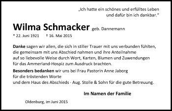 Traueranzeige von Wilma Schmacker von Nordwest-Zeitung