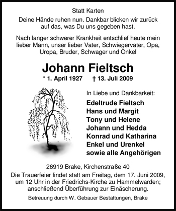 Traueranzeige von Johann Fieltsch von Nordwest-Zeitung