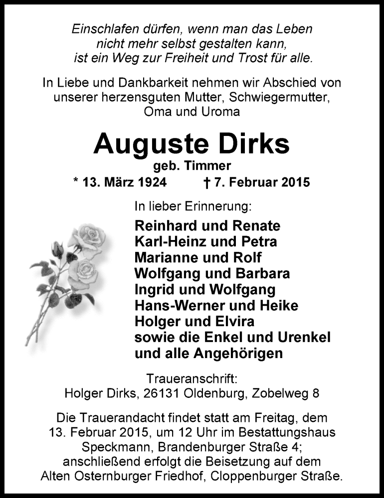  Traueranzeige für Auguste Dirks vom 11.02.2015 aus Nordwest-Zeitung