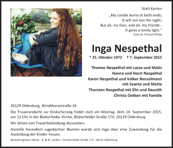 Traueranzeige von Inga Nespethal von Nordwest-Zeitung