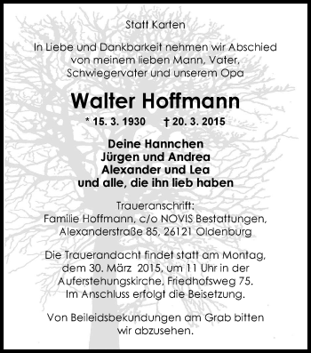 Traueranzeige von Walter Hoffmann von Nordwest-Zeitung