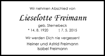 Traueranzeige von Lieselotte Freimann von Nordwest-Zeitung