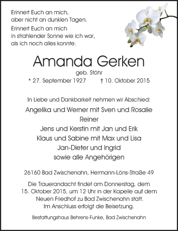 Traueranzeige von Amanda Gerken von Nordwest-Zeitung