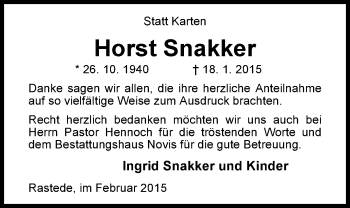 Traueranzeige von Horst Snakker von Nordwest-Zeitung