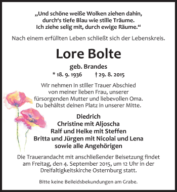 Traueranzeige von Lore Bolte von Nordwest-Zeitung