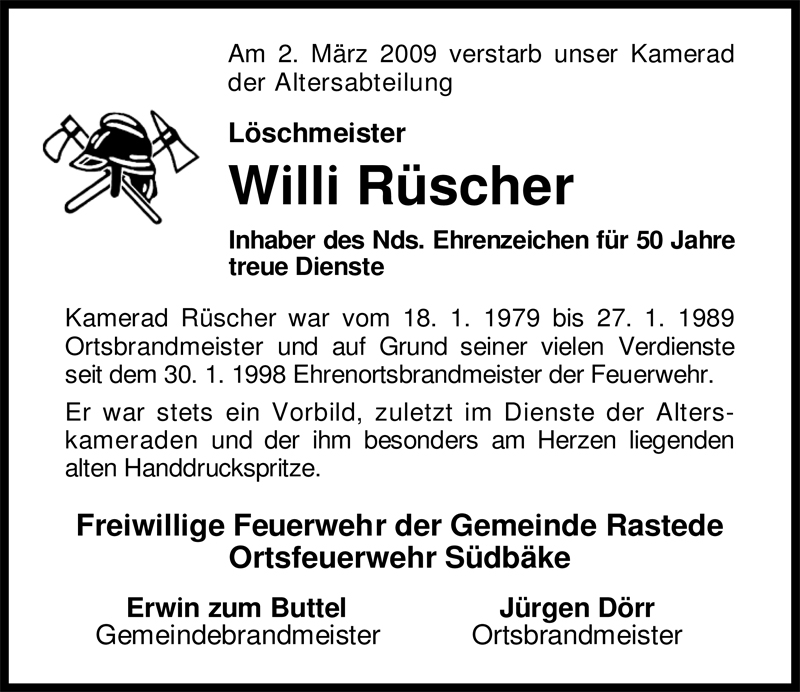  Traueranzeige für Willi Rüscher vom 04.03.2009 aus Nordwest-Zeitung