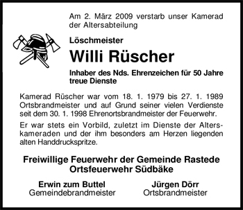 Traueranzeige von Willi Rüscher von Nordwest-Zeitung