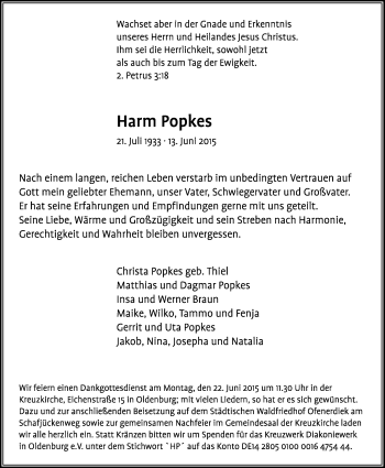 Traueranzeige von Harm Popkes von Nordwest-Zeitung
