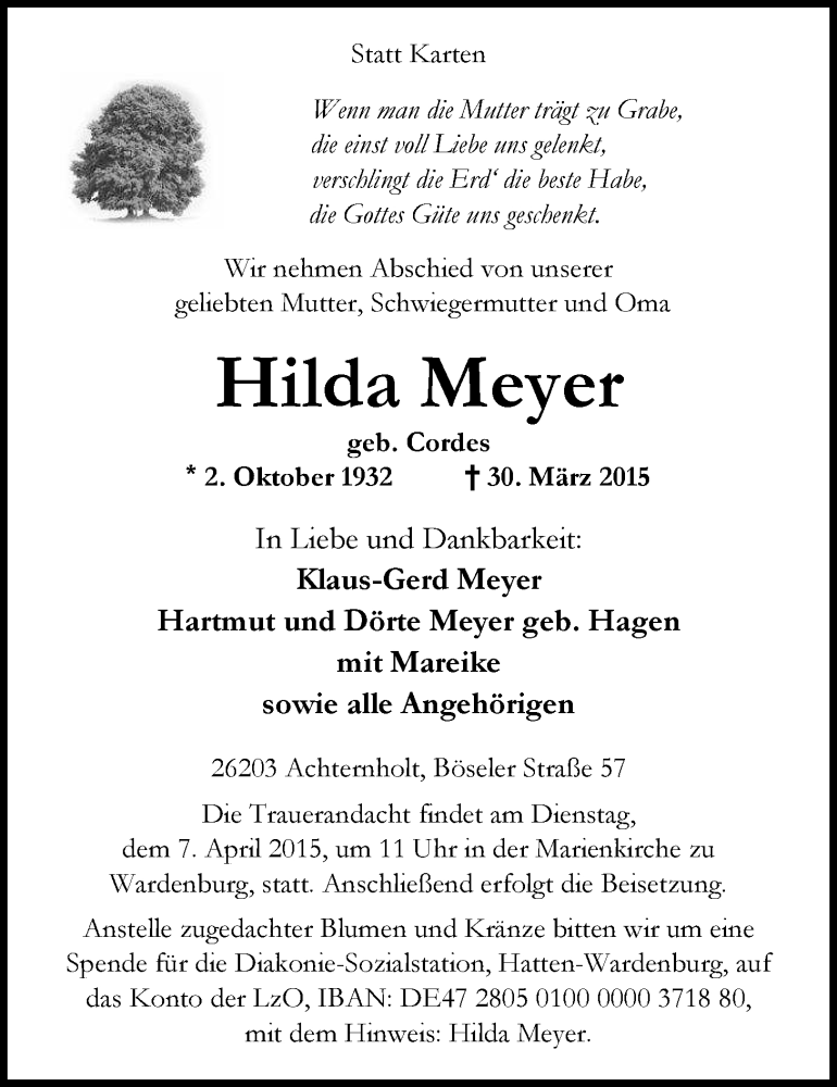  Traueranzeige für Hilda Meyer vom 01.04.2015 aus Nordwest-Zeitung