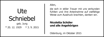 Traueranzeige von Ute Schniebel von Nordwest-Zeitung