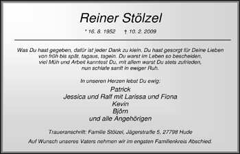 Traueranzeige von Reiner Stölzel von Nordwest-Zeitung