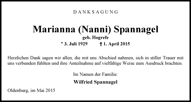  Traueranzeige für Marianna Spannagel vom 02.05.2015 aus Nordwest-Zeitung