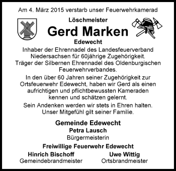Traueranzeige von Gerd Marken von Nordwest-Zeitung