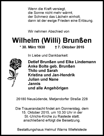 Traueranzeige von Wilhelm Brunßen von Nordwest-Zeitung