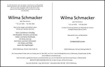 Traueranzeige von Wilma Schmacker von Nordwest-Zeitung