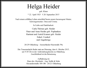 Traueranzeige von Helga Heider von Nordwest-Zeitung