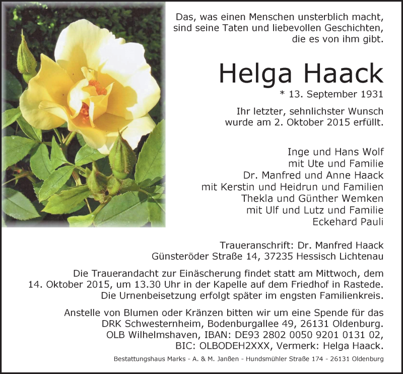  Traueranzeige für Helga Haack vom 07.10.2015 aus Nordwest-Zeitung