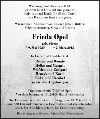 Traueranzeige von Frieda Opel von Nordwest-Zeitung
