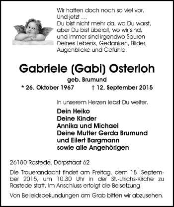 Traueranzeige von Gabriele Osterloh von Nordwest-Zeitung