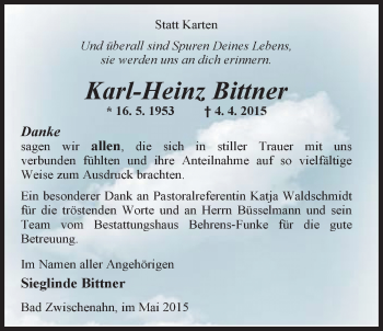 Traueranzeige von Karl-Heinz Bittner von Nordwest-Zeitung