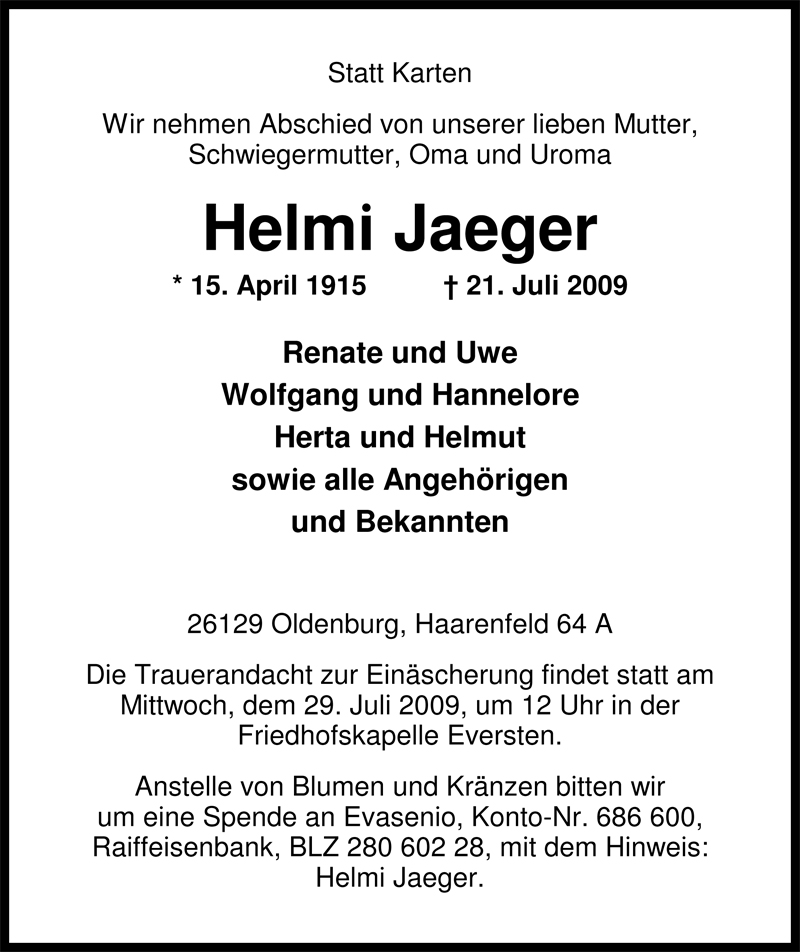  Traueranzeige für Helmi Jaeger vom 24.07.2009 aus Nordwest-Zeitung