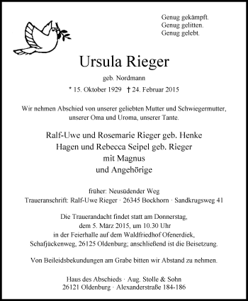 Traueranzeige von Ursula Rieger von Nordwest-Zeitung