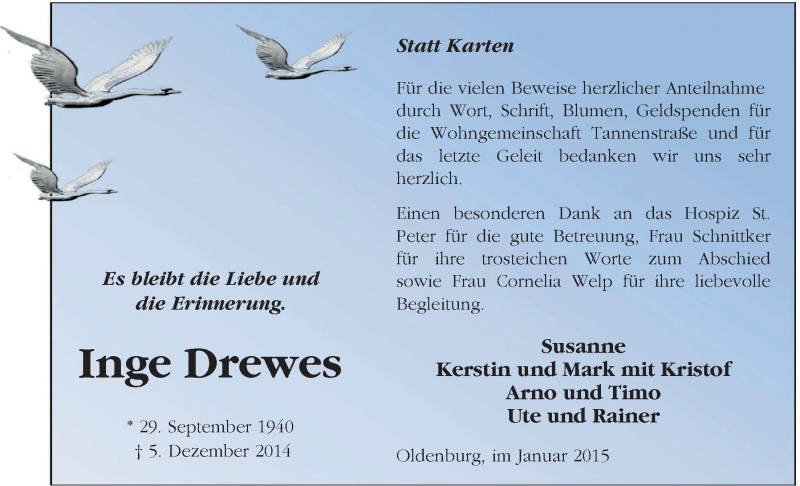  Traueranzeige für Inge Drewes vom 31.01.2015 aus Nordwest-Zeitung