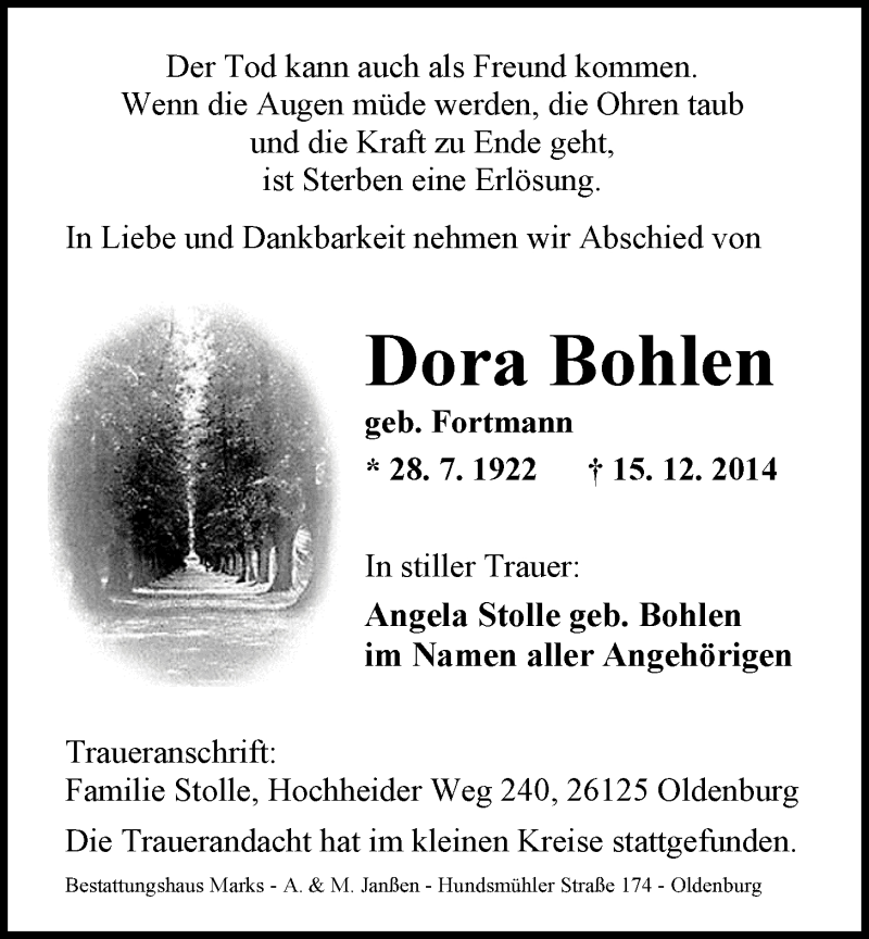  Traueranzeige für Dora Bohlen vom 20.12.2014 aus Nordwest-Zeitung