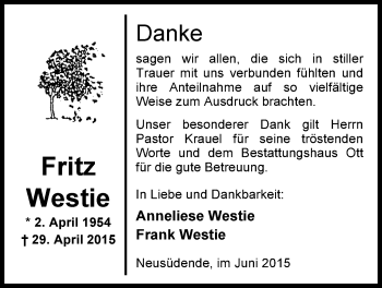 Traueranzeige von Fritz Westie von Nordwest-Zeitung