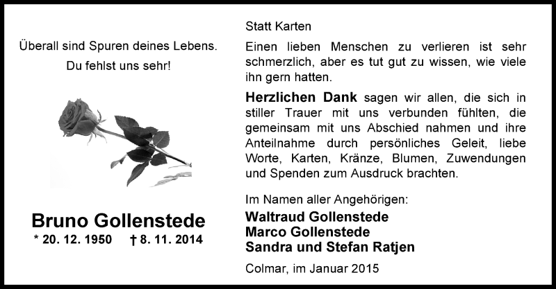  Traueranzeige für Bruno Gollenstede vom 13.01.2015 aus Nordwest-Zeitung