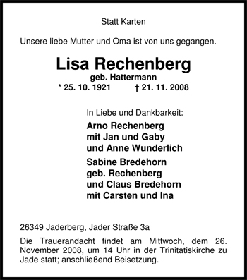 Traueranzeige von Lisa Rechenberg von Nordwest-Zeitung