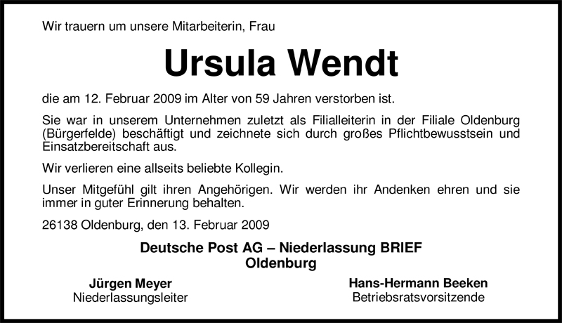  Traueranzeige für Ursula Wendt vom 14.02.2009 aus Nordwest-Zeitung