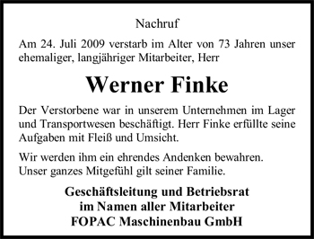 Traueranzeige von Werner Finke von Nordwest-Zeitung