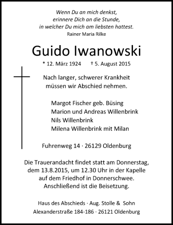 Traueranzeige von Guido Iwanowski von Nordwest-Zeitung
