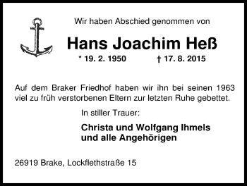 Traueranzeige von Hans Joachim Heß von Nordwest-Zeitung