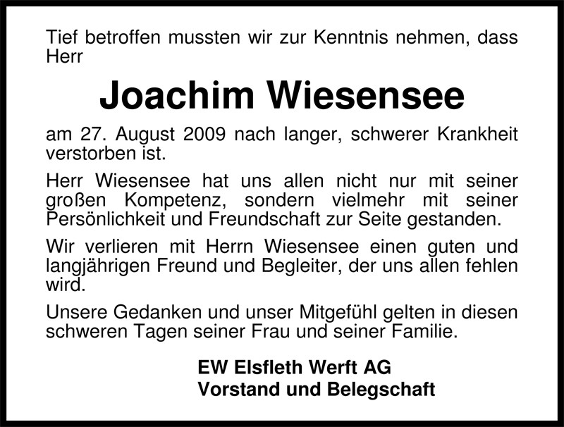  Traueranzeige für Joachim Wiesensee vom 29.08.2009 aus Nordwest-Zeitung