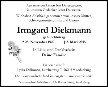 Traueranzeige von Irmgard Diekmann von Nordwest-Zeitung