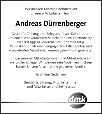 Traueranzeige von Andreas Dürrenberger von Nordwest-Zeitung