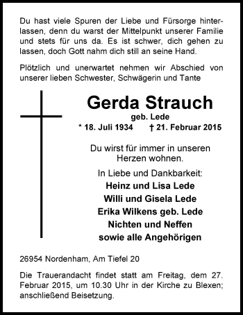 Traueranzeige von Gerda Strauch von Nordwest-Zeitung