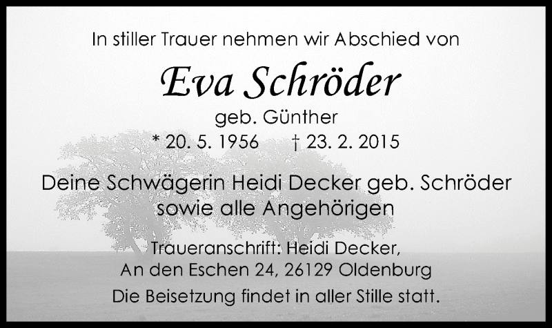  Traueranzeige für Eva Schröder vom 28.02.2015 aus Nordwest-Zeitung