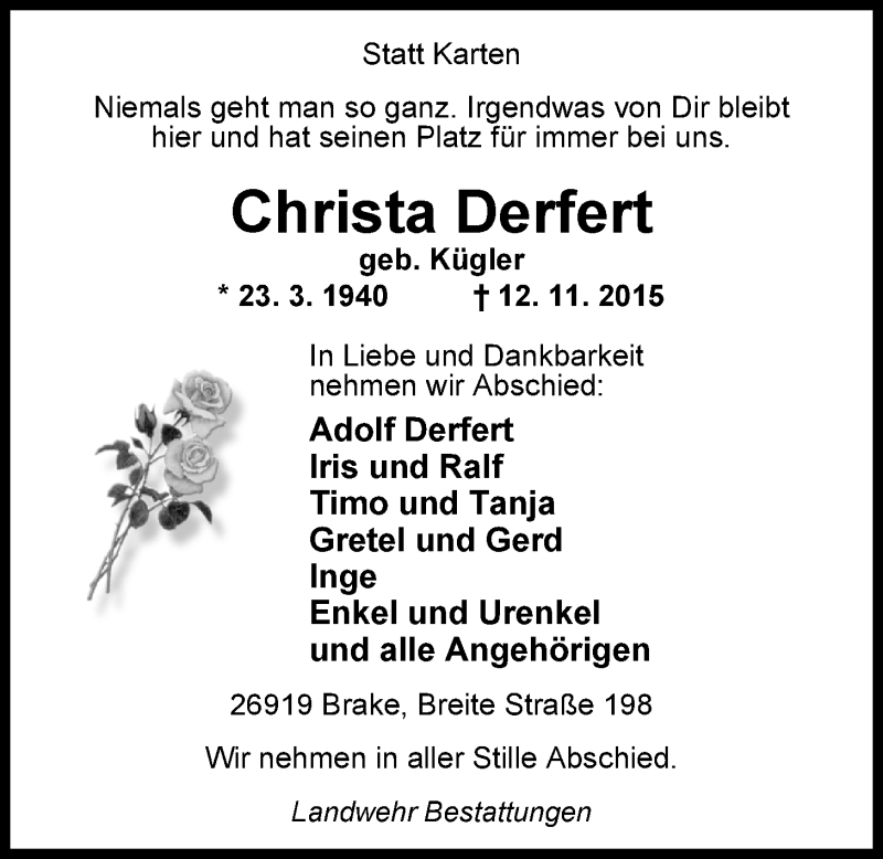  Traueranzeige für Christa Derfert vom 14.11.2015 aus Nordwest-Zeitung